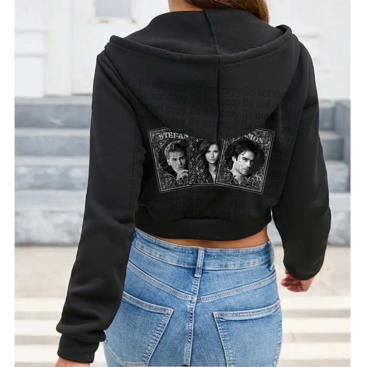 TVD or TO Trio Cards Cropped Zip Front Hoodie