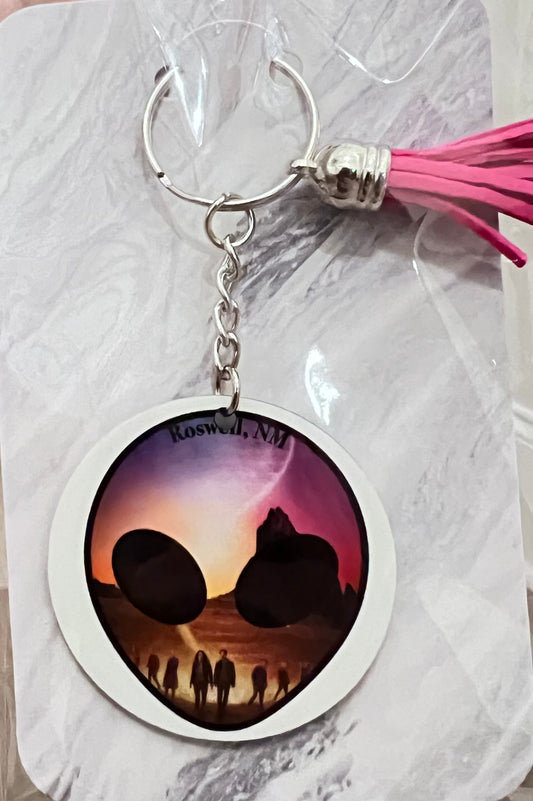 Alien Head Roswell New Mexico Sunset Keychain- Accessories